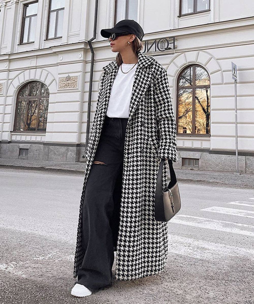 Black Houndstooth Check Belted Trench Coat for wholesale on Faire1