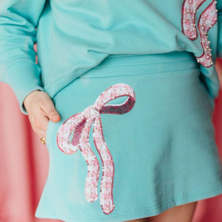 Robin Egg Blue Skirt/Skort with Pink Gingham Bow for wholesale by Brianna Cannon