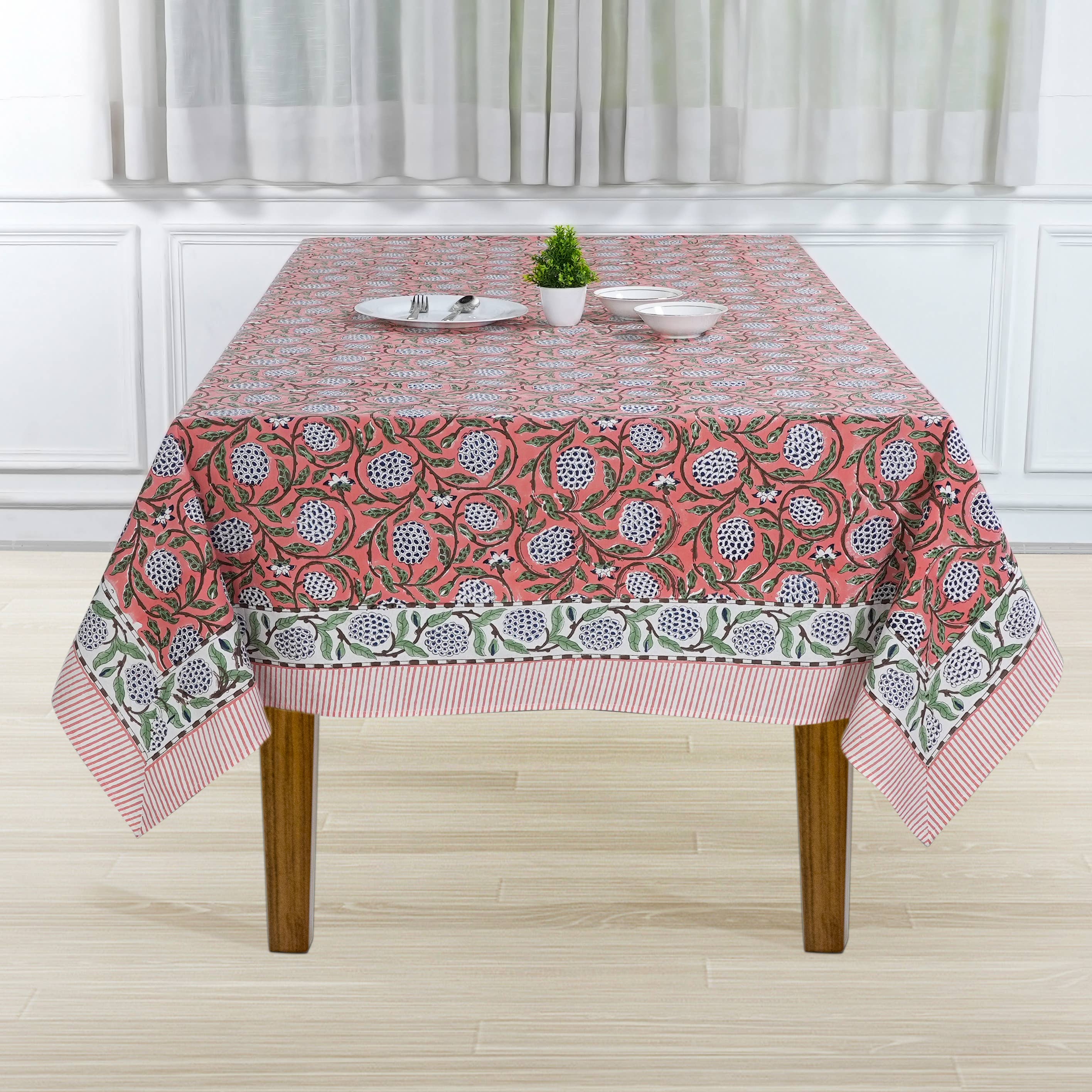 Fabricrush - Wholesale Tablecloth - New Dark Salmon Pink Hand Block Print Cotton Tablecloth5