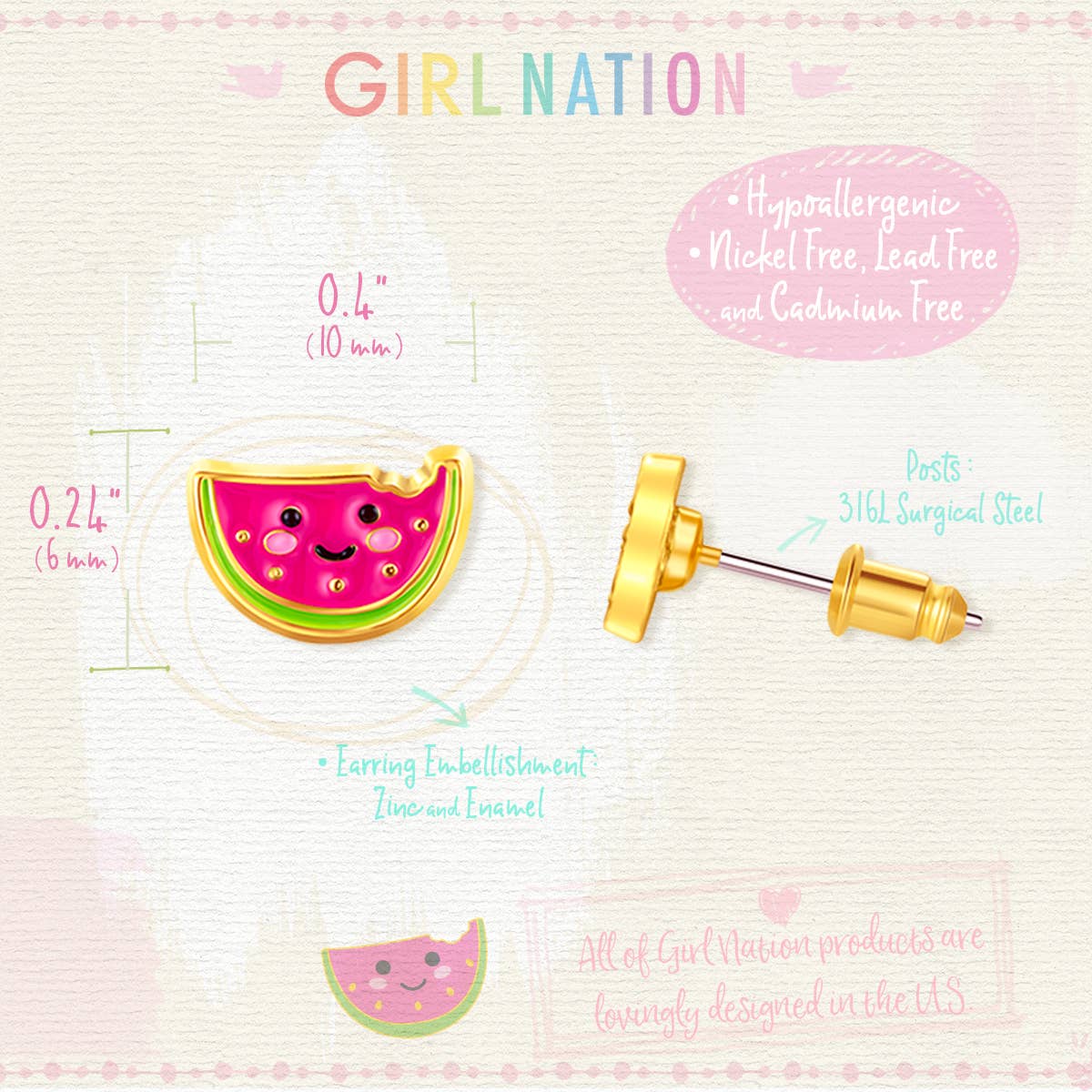 Girl Nation | Kids Jewelry | Easter Gifts - Wholesale Earrings - Kids - One in a Melon | Cutie Studs | Hypoallergenic Earrings3