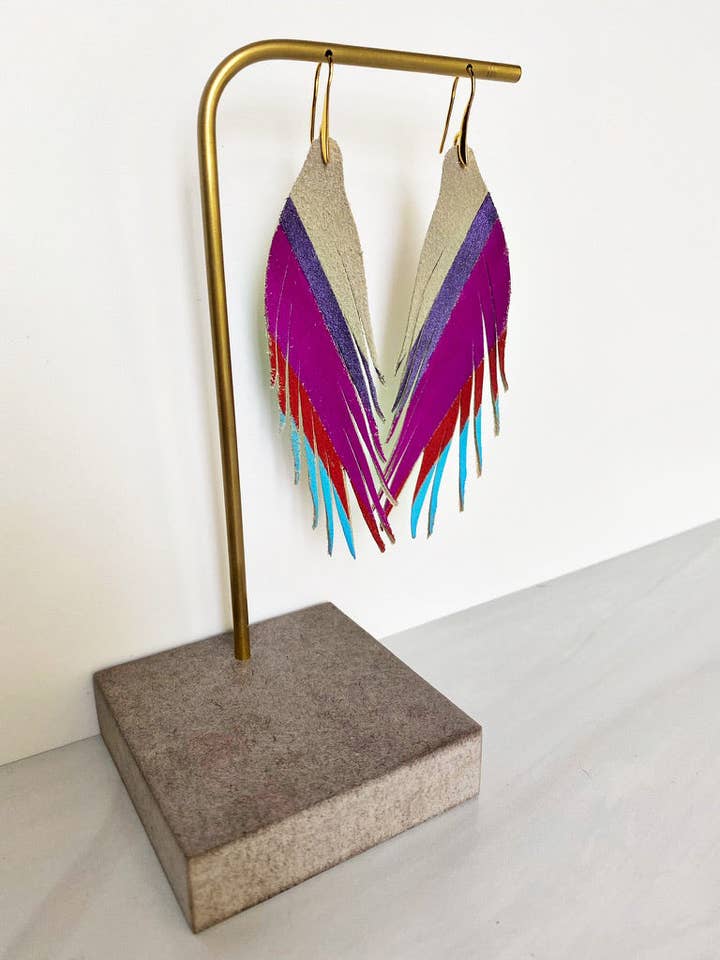 Short Feather Diagonal Stripe Leather Earrings - Blue Red Fuchsia Purple for wholesale by The Supply Society