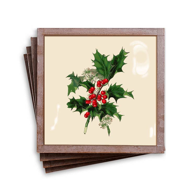 Ben's Garden - Wholesale Coasters - Holly Sprig Copper & Glass Coaster, Set of 40