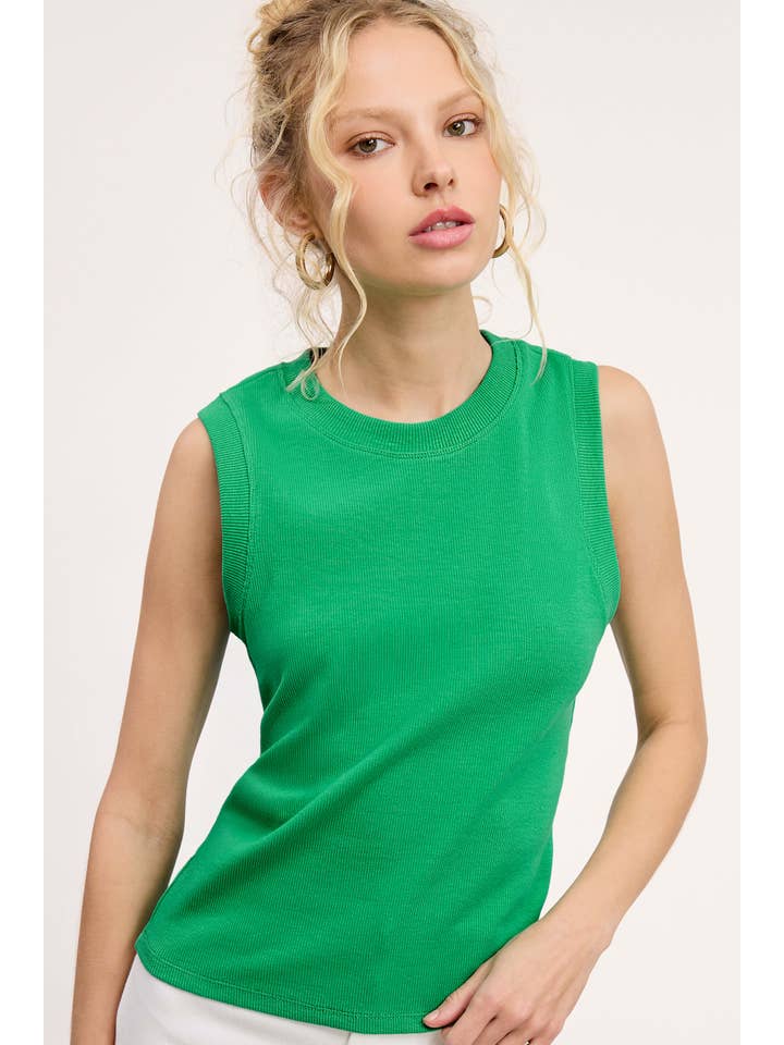 La Miel - Wholesale Tank Top - Women's - HUT7340-Stretchy Basic Ribbed Sleeveless Crew Neck Top