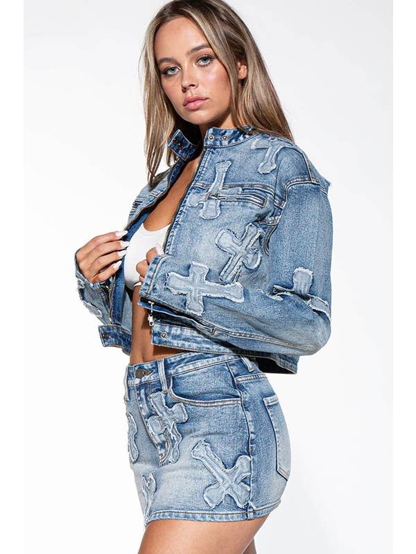 Medium Wash Cross Patch Zip Up Denim Jean Moto Jacket for wholesale on Faire
