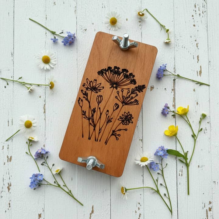 Mini Flower Press, Engraved Wildflowers in Choice of Wood for wholesale by The Savvy Spade