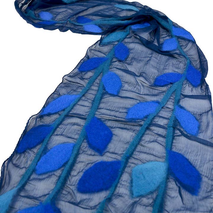 Royal Blue Leaves Felted Chiffon Scarves for wholesale by BNB Crafts Inc.