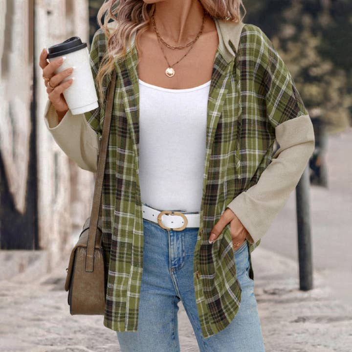 Vert Chemise patchwork à capuche à carreaux et manches longues en vente sur Faire0