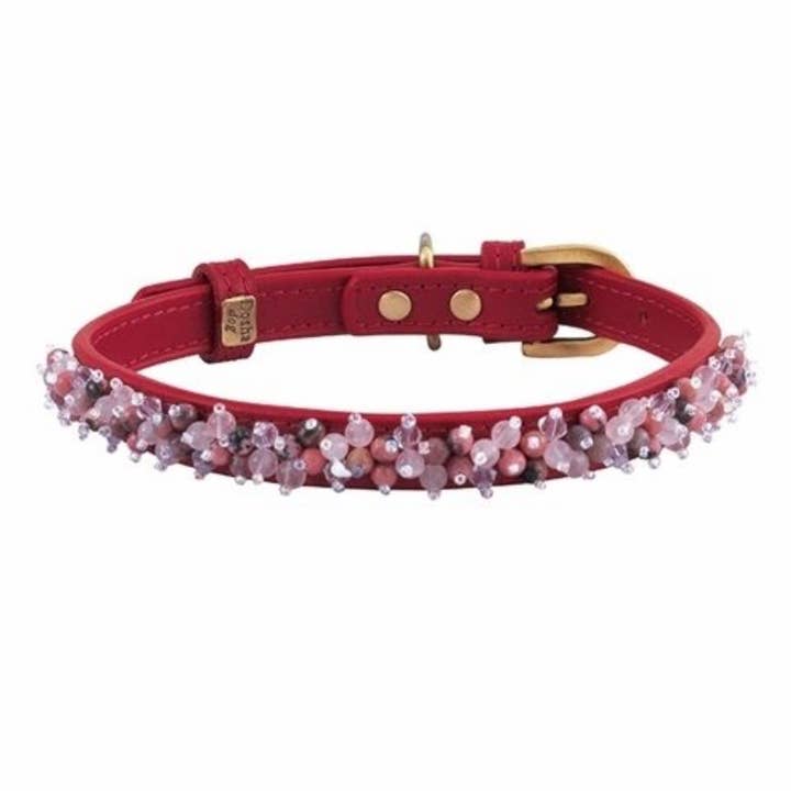 Mini Beaded Collar/Leash - Red, Rhodonite & Pink Quartz for wholesale by Dosha Dog