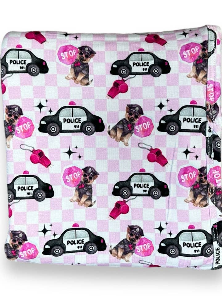 Bamboo Spandex Swaddle, Pink Police for wholesale by Miller & Co.