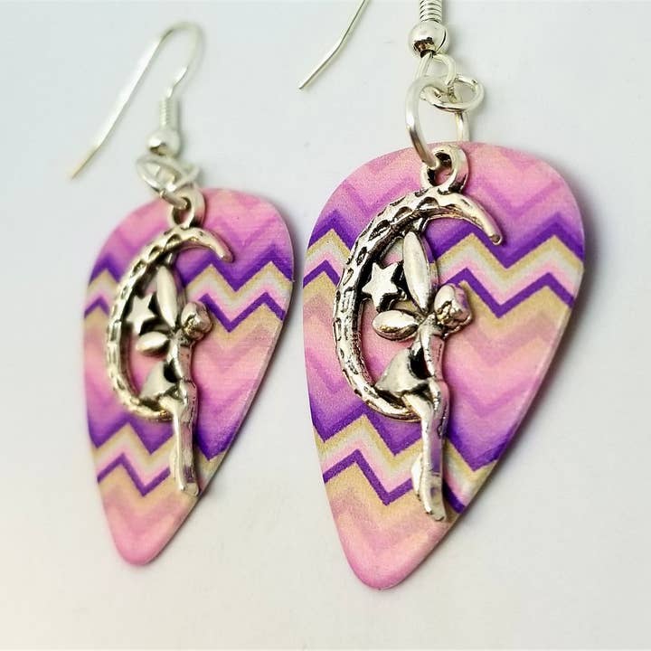 Simply Raevyn - Wholesale Dangle Earrings - Fairy on the Half Moon Charm Guitar Pick Earrings37