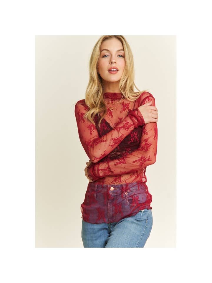 Sweet Generis - Wholesale Knit Top - Women's - MESH LACE HIGH NECK DESIGN LONG SLEEVE FITTED TOP71