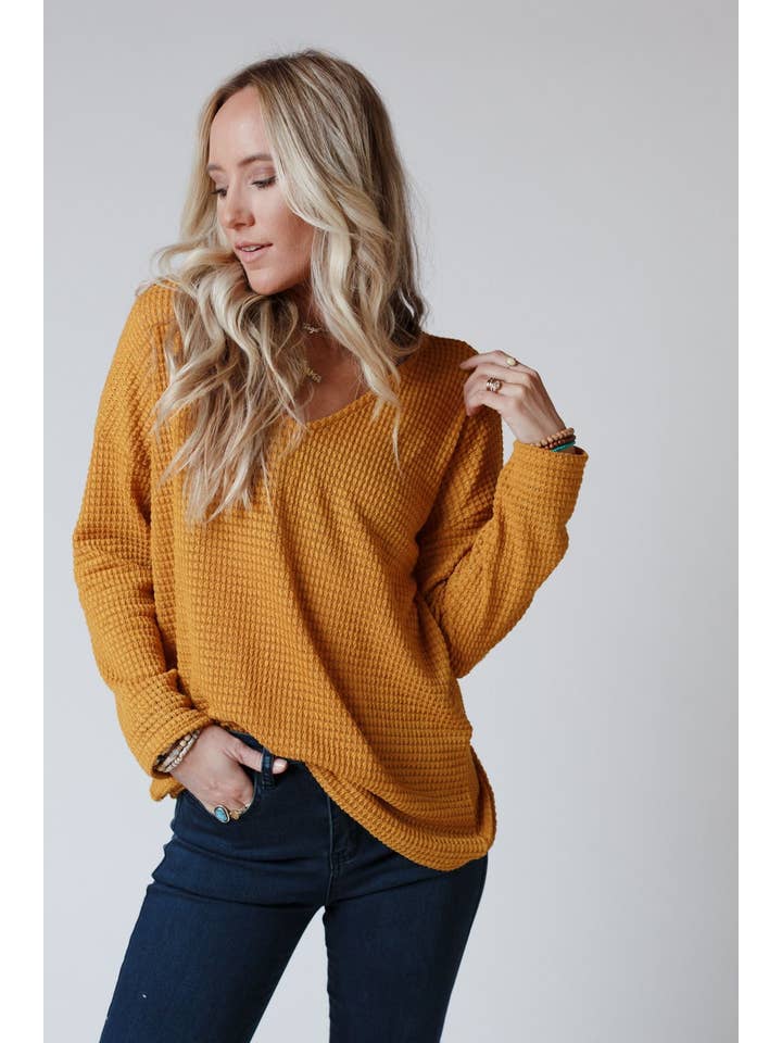 Three Bird Nest - Wholesale Knit Top - Women's - Flattering Open Back Fall Thermal Knit Top - Mustard2