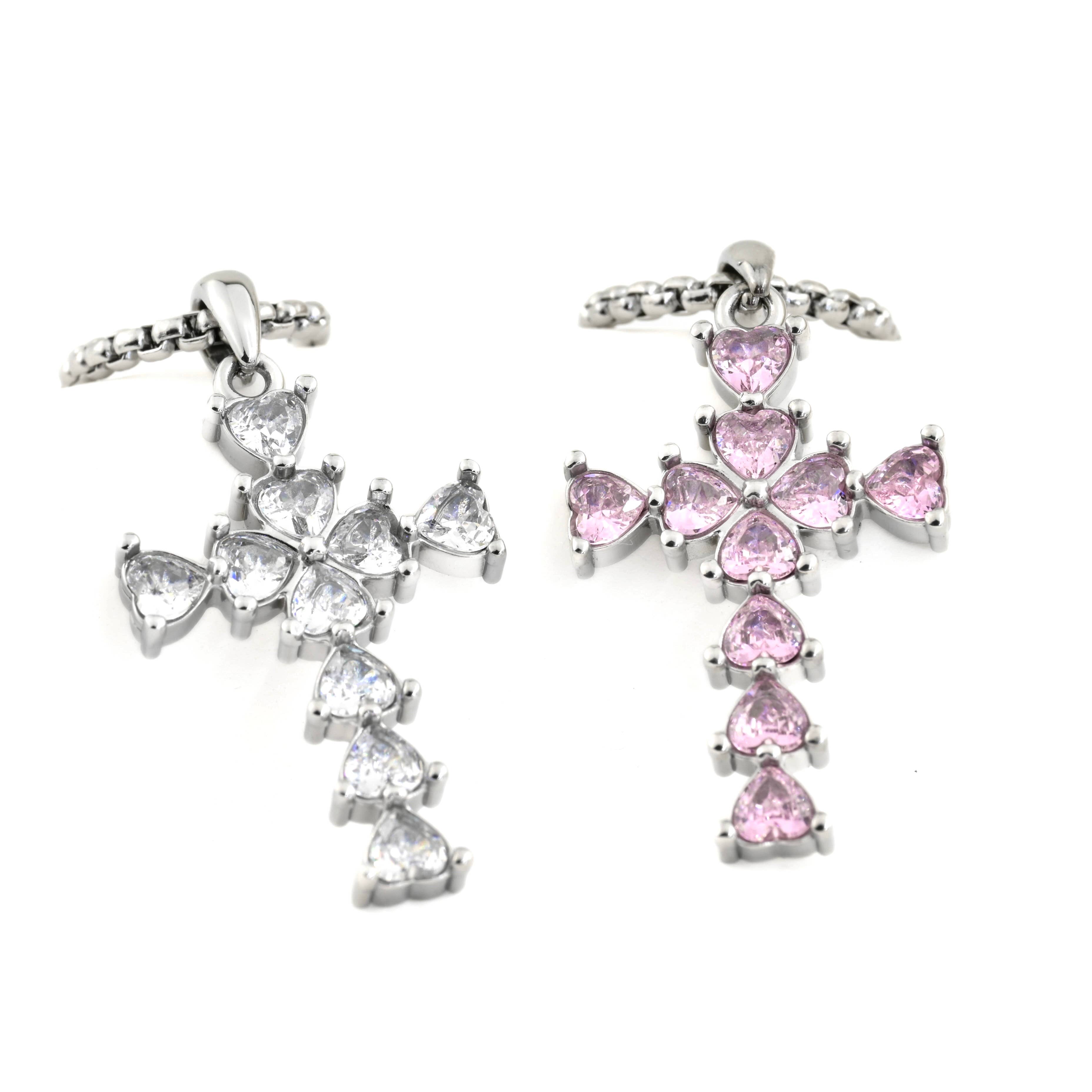 Blueyejewelry - Wholesale Pendant/Charm Necklace - Long Diamond Cross Necklace with Heart Shaped Stones5