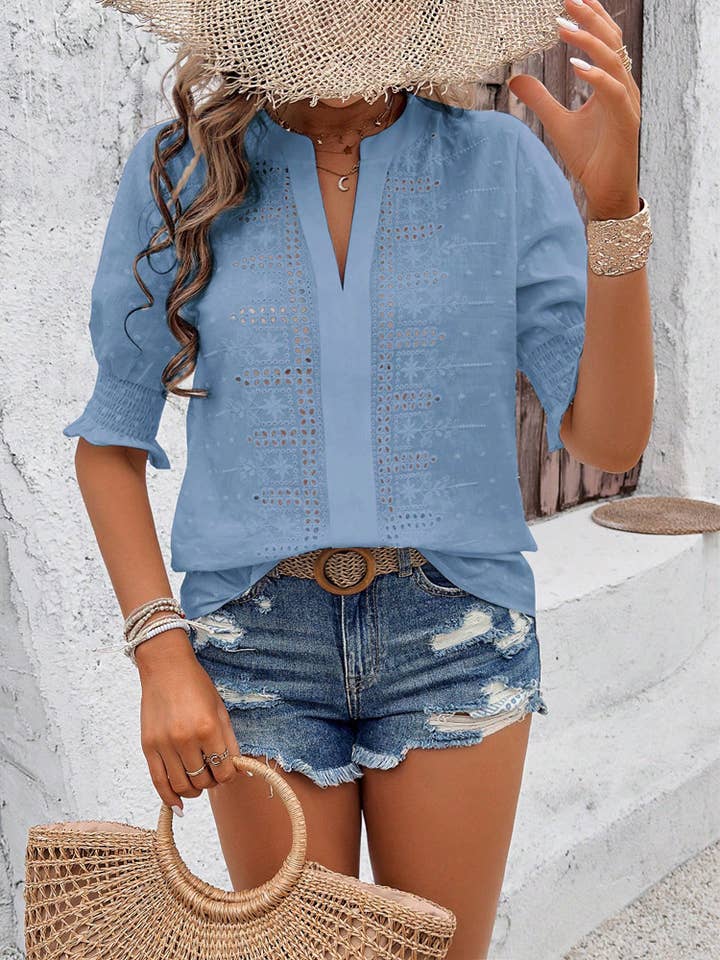 Rosa Clothing - Wholesale Blouse - Women's - embroidered eyelet v-neck short sleeve blouse