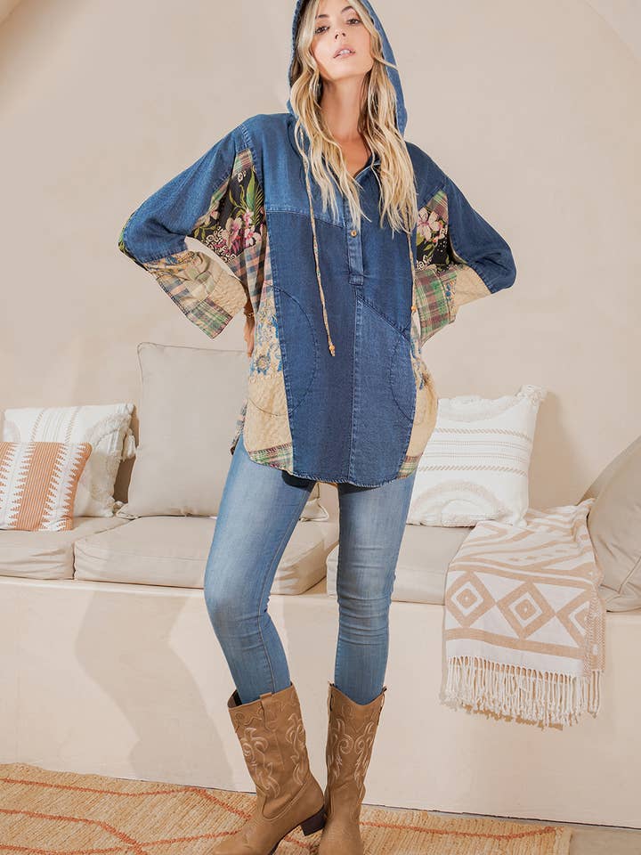 Young Threads - Wholesale Tunic - Women's - Western Boho Chic: Hooded High Low Patchwork Top16