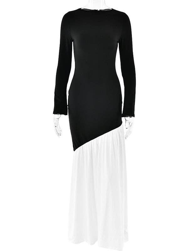 BLACK WHITE Bodycon High Waisted Contrast Color Pleated Split-Joint Round-Neck Maxi Dresses for wholesale on Faire7