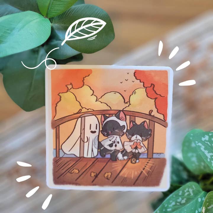 Impresiones artísticas de gatos de otoño con su pequeño amigo fantasma 5 x 5 para venta al por mayor de Jellyjessbeans Art