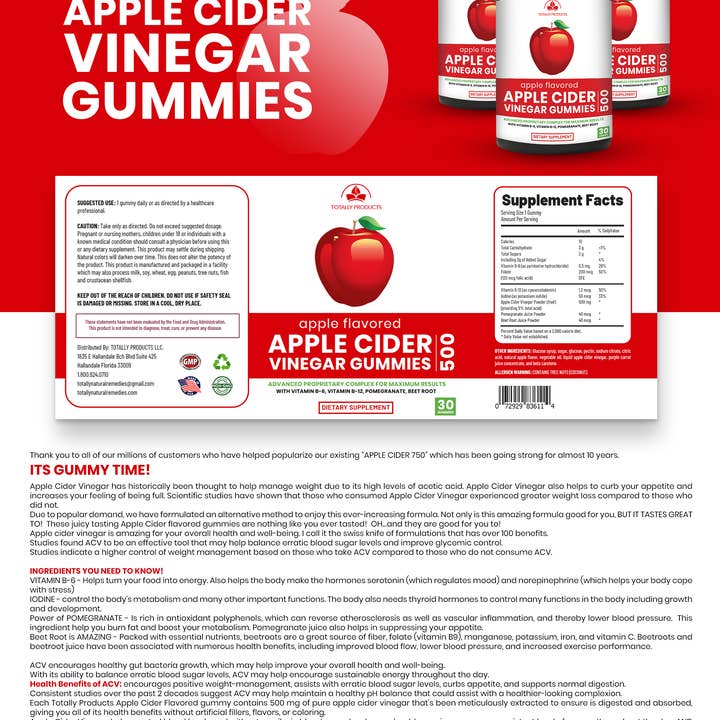 Totally Products - Venta al por mayor Suplementos/vitaminas para beber - Gomitas de vinagre de sidra de manzana con granada, raíz de remolacha y vitamina B6