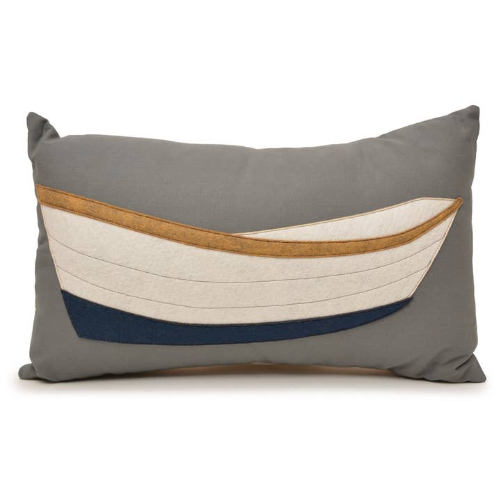 14X21" DORY boat lumbar pillow - white on grey for wholesale by The Salty Cottage