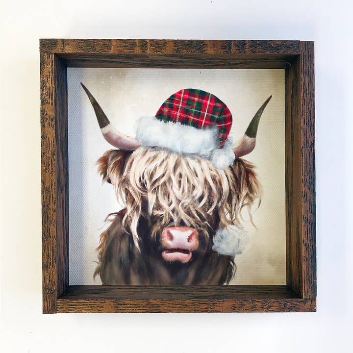Christmas Sign- Highland Cow Plaid Santa Hat- Christmas SIgn for wholesale by Hangout Home