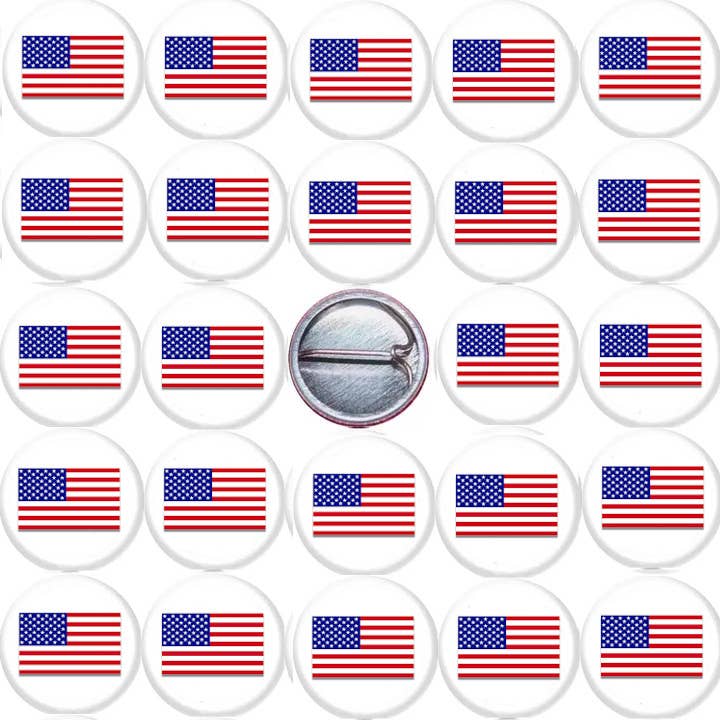 25 American Flag 1" inch (25mm) button pins USA july fourth for wholesale by Pinbax Express