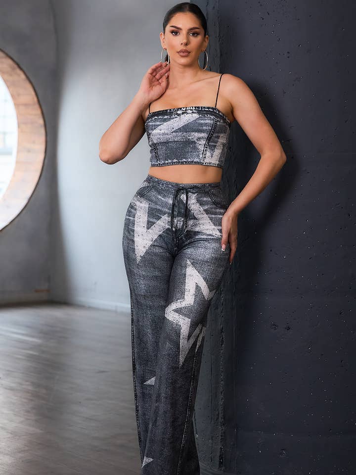 BP2742-SET_Crop-Top und weite Hose mit Denim-Print für den Großhandel von Her Bottari