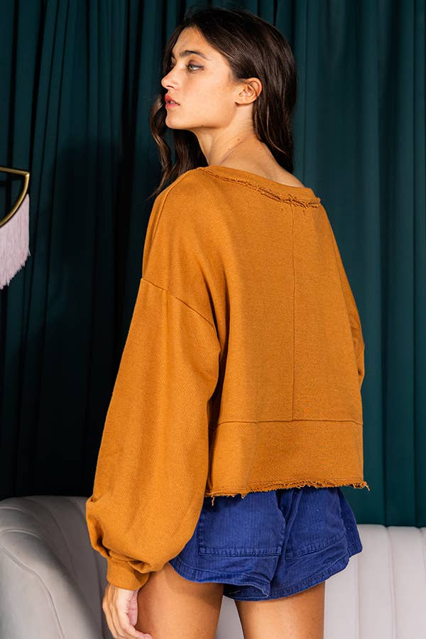 BUCKETLIST INC - Wholesale Knit Top - Women's - T2033 Lantern Sleeve Button-up French Terry Crop Top11