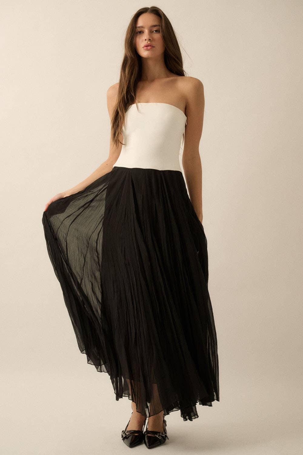 Promesa USA - Venta al por mayor Vestido - Mujer - Vestido largo de gasa texturizada sin tirantes a bloques de color6