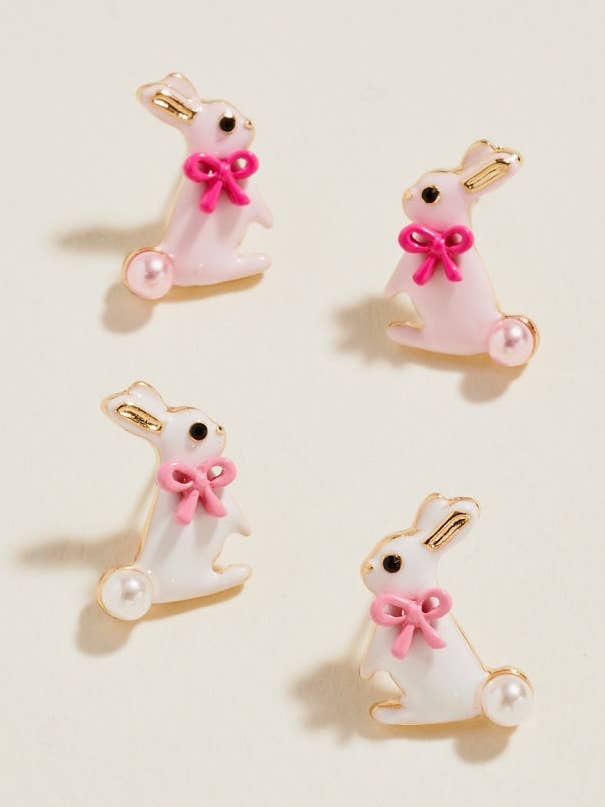Enamel Bunny with Bow Pearl Tail Post Earrings for wholesale by Designature New York