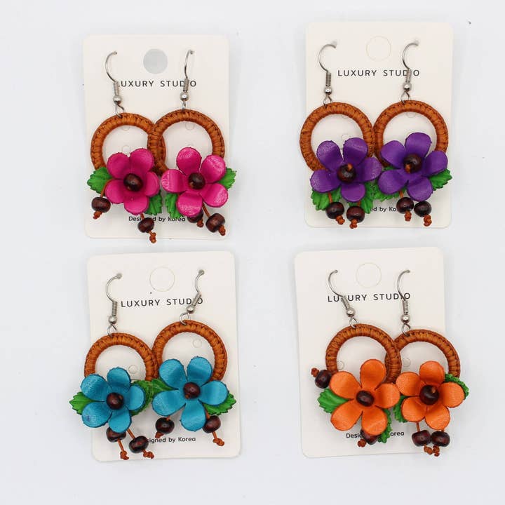 leather flower earrings assorted colors for wholesale by Sunflower Handmade leather inc