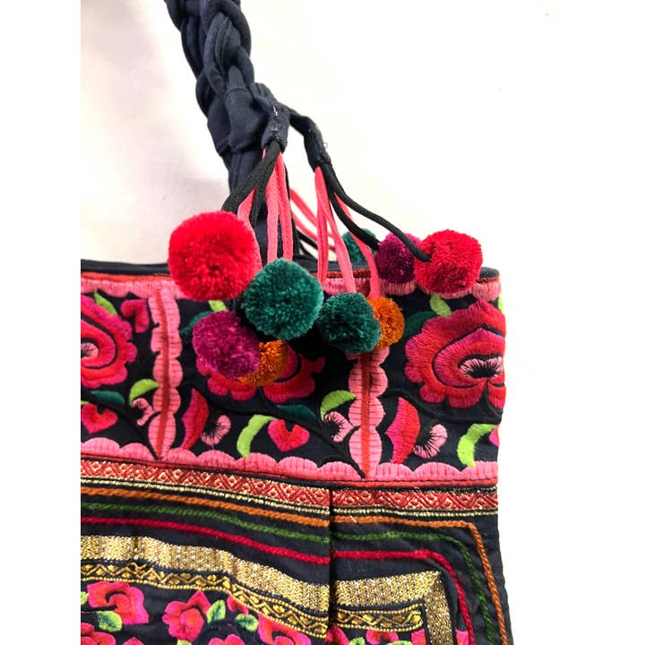 Ricki designs - Vente Tote bag – femme - TOTE EN TISSU BRODÉ À POMPONS FLORAUX3