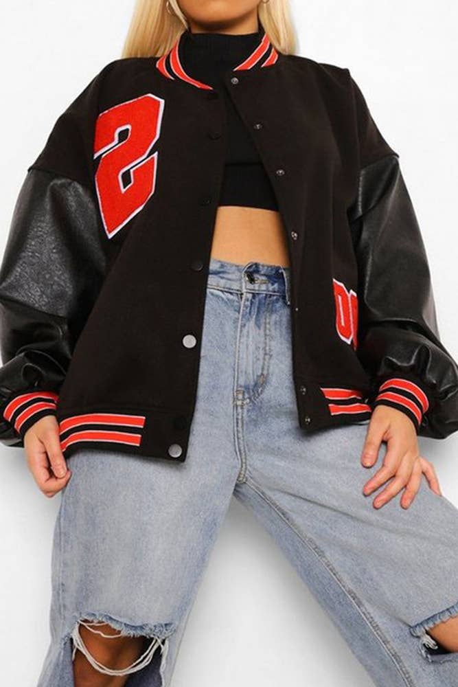UNISHE - Wholesale Varsity/Baseball Jacket - Women's - Letter Patchwork Open Button Baseball Jacket YDL0194