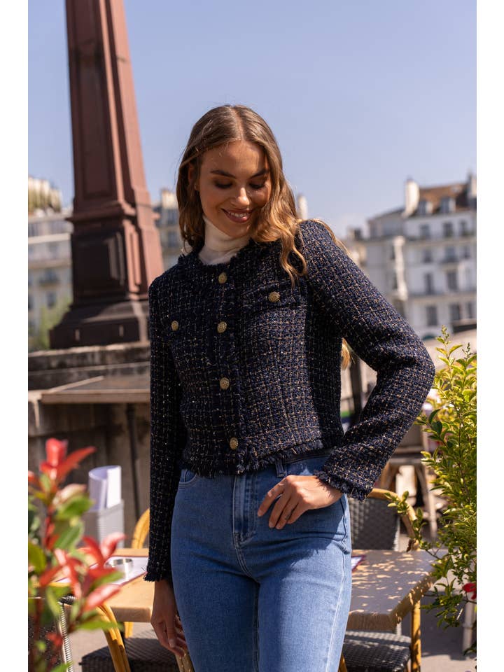 Attentif Paris - Wholesale Blazer – Women's - Cropped crew neck fitted tweed blazer jacket7