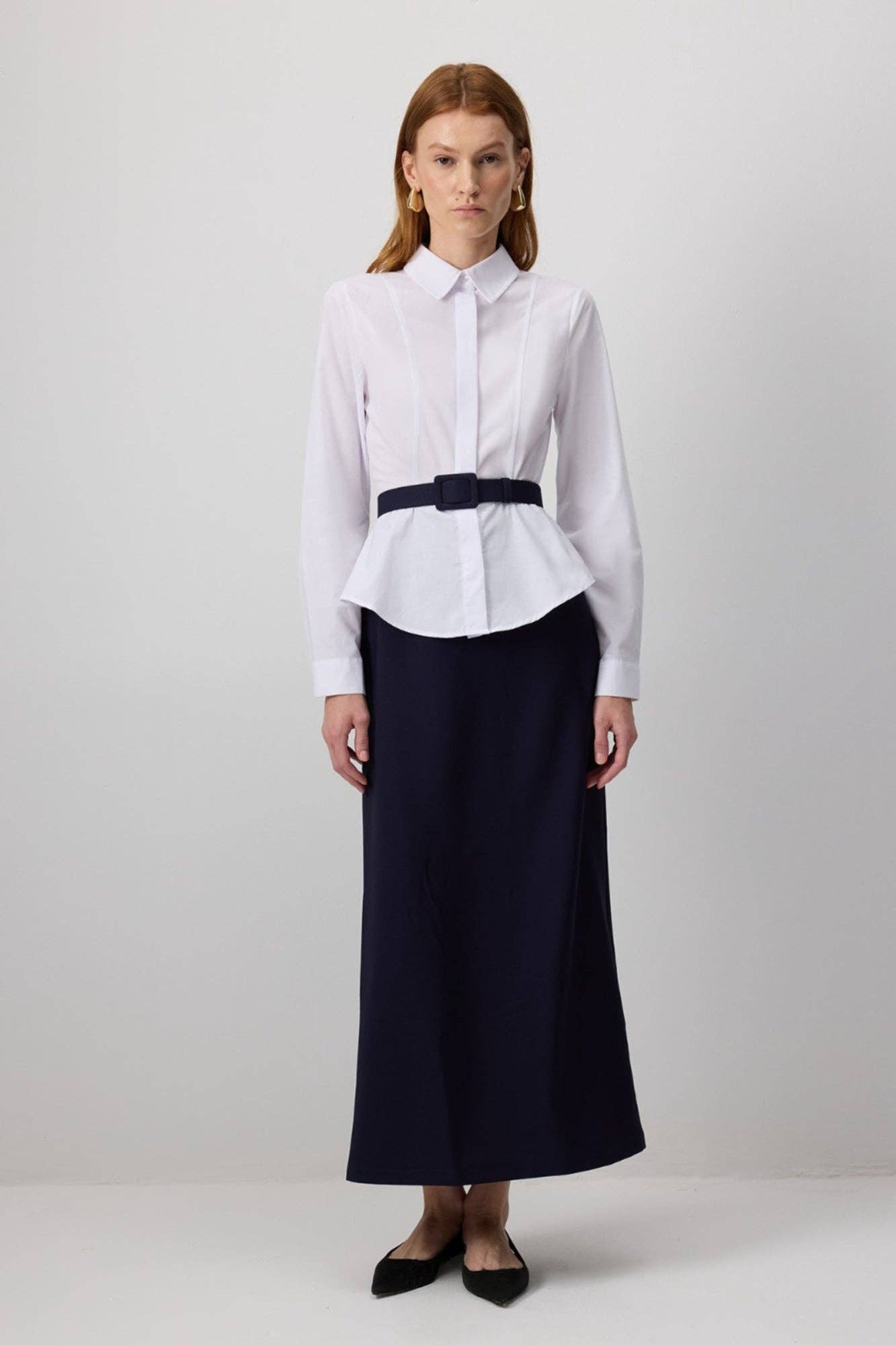 Navy Blue Belted White Poplin Shirt Dress with Pleated Hem  for wholesale on Faire2