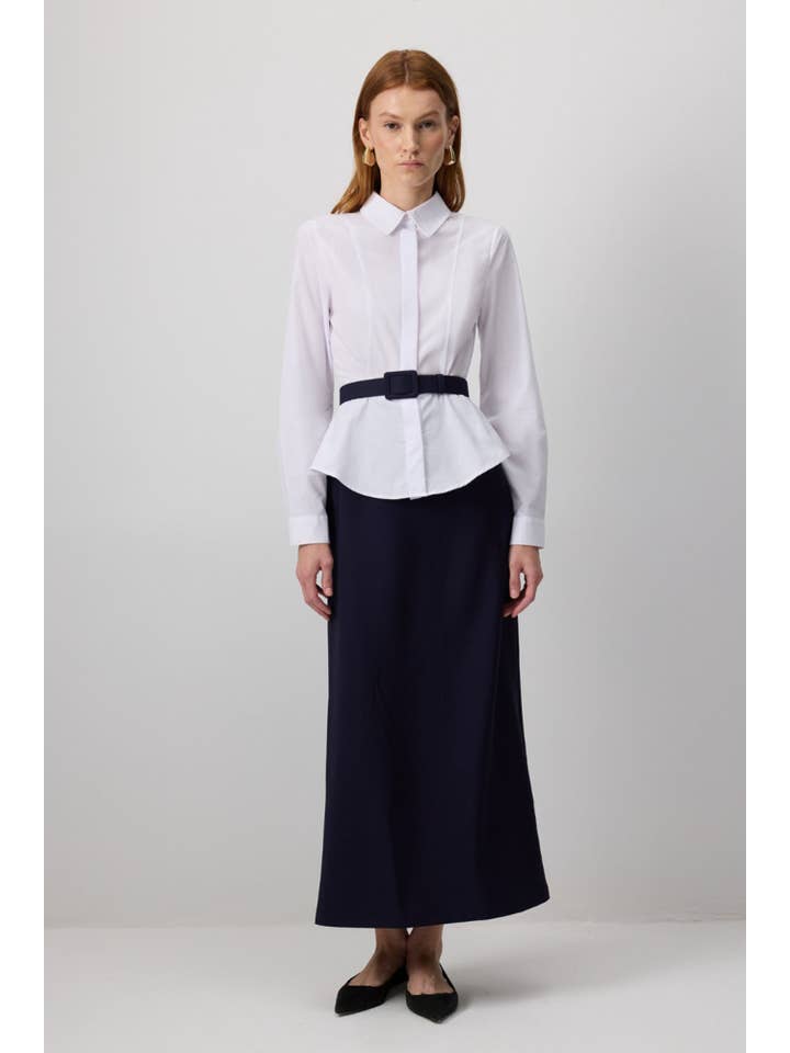 Navy Blue Belted White Poplin Shirt Dress with Pleated Hem for wholesale on Faire2