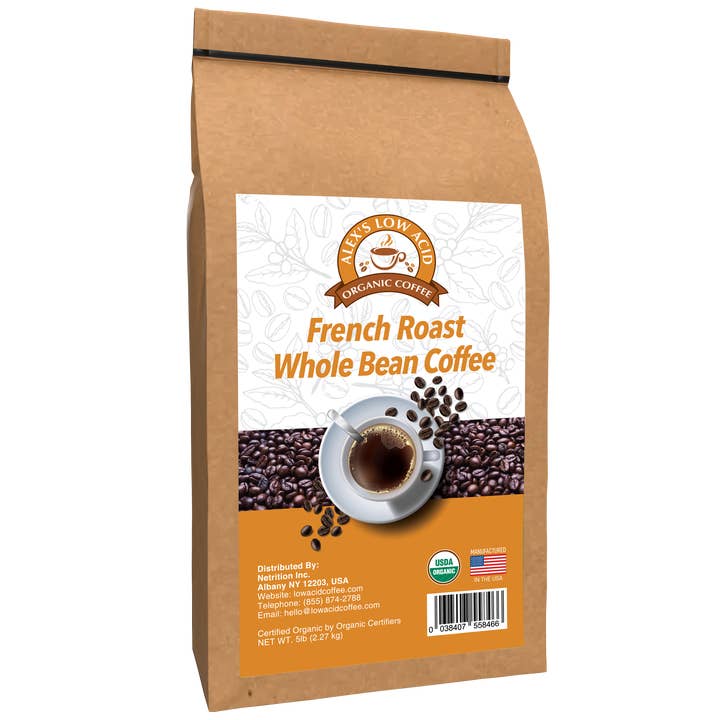 Alex's Low-Acid Organic Coffee™ - Franskristet bønne (5 lbs) for engroshandel hos Alex's Low-Acid Organic Coffee