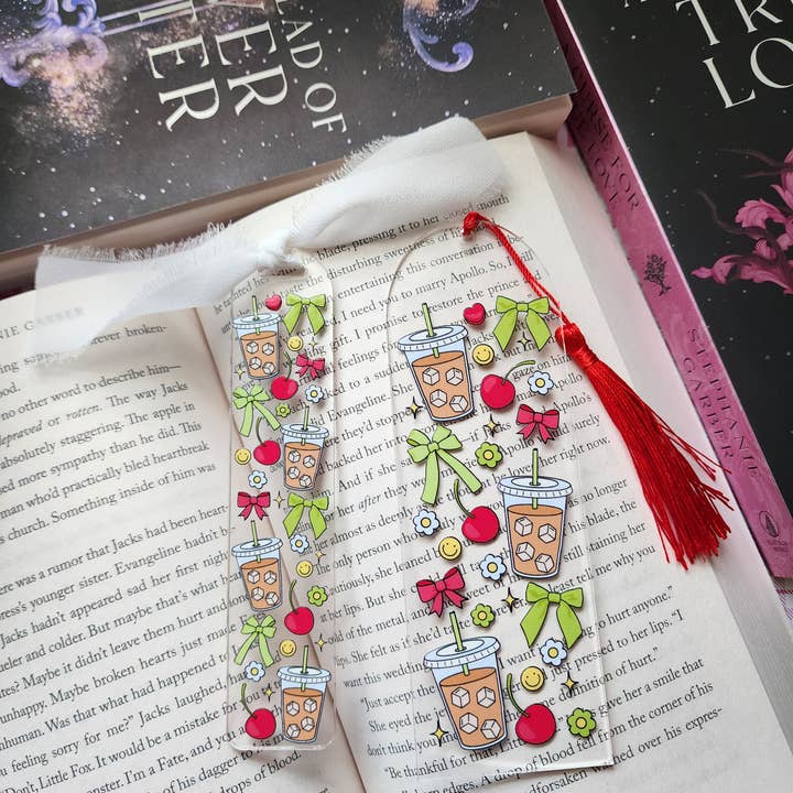 Cherry Iced Coffee Bows Acrylic Bookmark| Book Accessories for wholesale by Sun Moon & Stars Co.