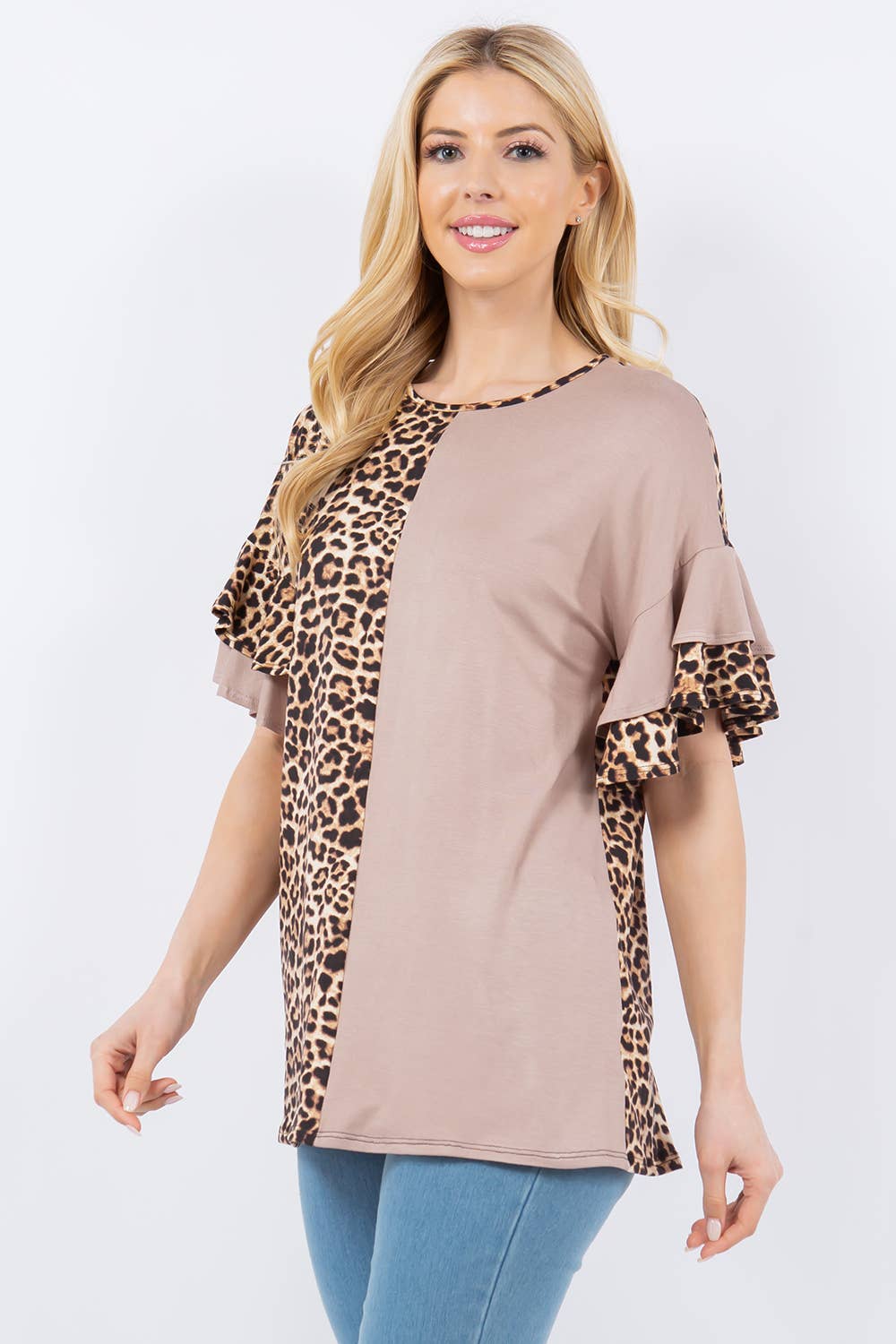 Celeste Clothing – wholesale Blouse – Women’s – ANIMAL PRINT CONTRAST TOP WITH RUFFLE SLEEVES -CT43831B8