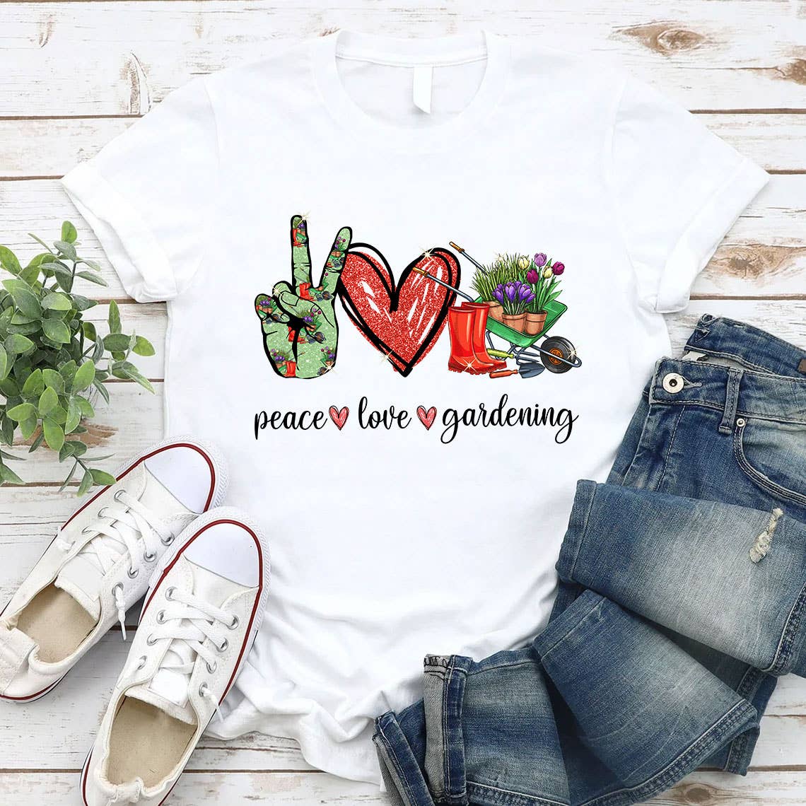 White Peace Love Gardening Shirt, Gardener Shirt, Garden Shirt for wholesale on Faire3