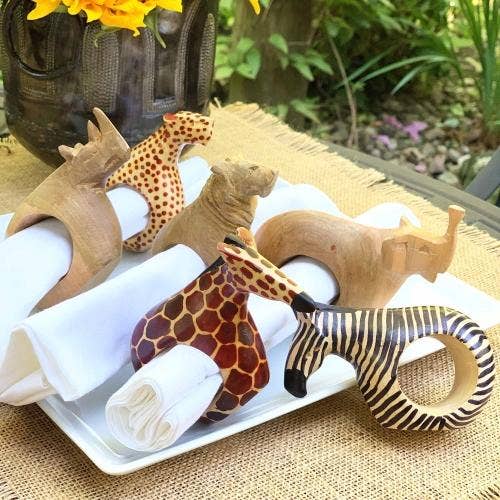 Global Crafts - Wholesale Napkin ring - Mahogany Safari Animal Napkin Rings - Set of 61