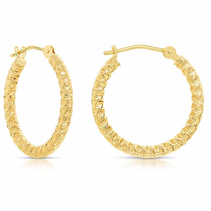 14k Yellow Gold Hoops with Spiral DC Design for wholesale by NY Gold & Silver Trading Inc.