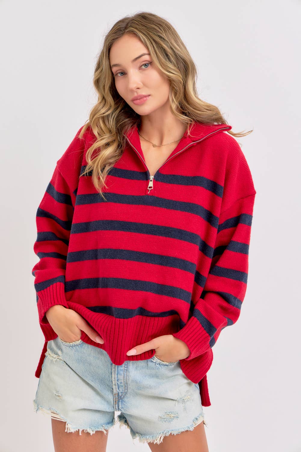 Sweet Lovely by Jen - Wholesale Knit Sweater - Women's - STRIPED ZIP-FRONT OVERSIZED PULLOVER KNIT SWEATER  9