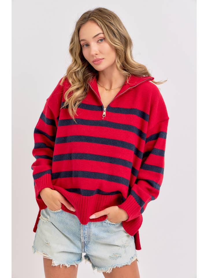 Sweet Lovely by Jen - Wholesale Knit Sweater - Women's - STRIPED ZIP-FRONT OVERSIZED PULLOVER KNIT SWEATER 9