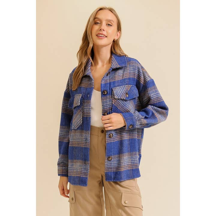 Stay Cozy and Stylish with Oversized Plaid Print Shacke The for wholesale by Apolline