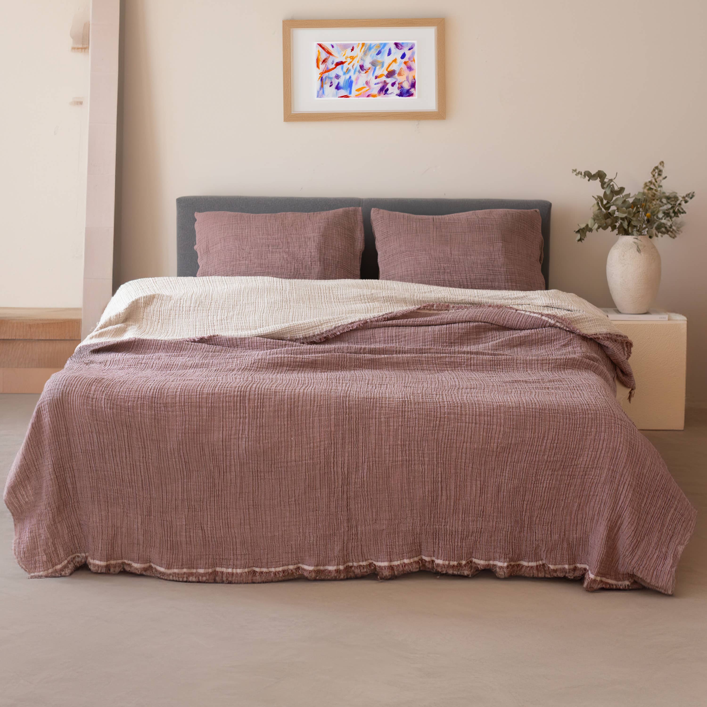 Vivamaison - Vente Plaids - Couvre-lit en mousseline frangé 100 % coton doux, 4 couches premium70