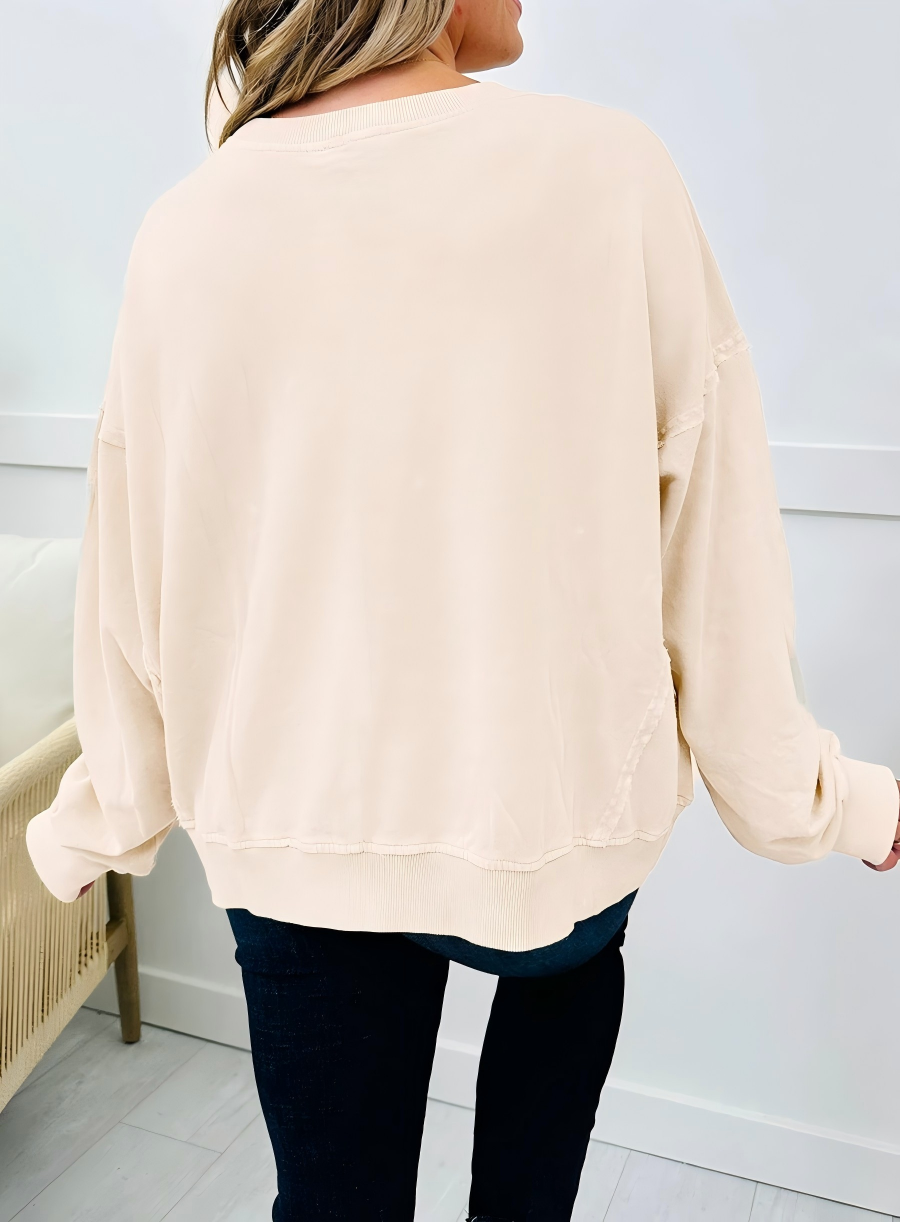 Beige Flower Patched Mineral Wash Round Neck Plus Size Top for wholesale on Faire1