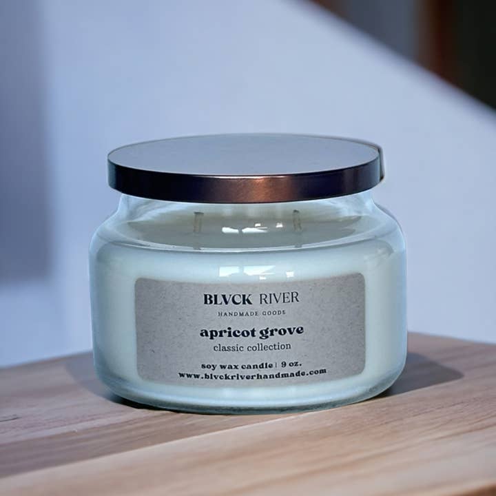 Vela de soja Apricot Grove de 9 onzas, tarro de boticario transparente para venta al por mayor de Black River Handmade Goods