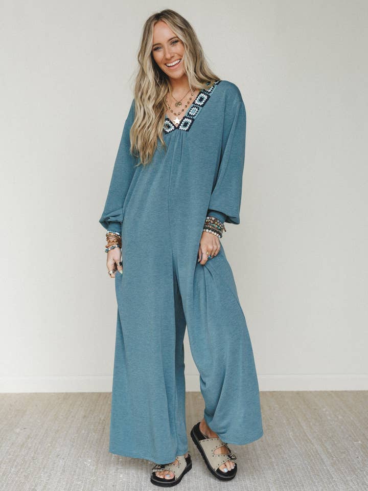 Dahlia Darling Wide Leg Jumpsuit - Teal for wholesale by Three Bird Nest