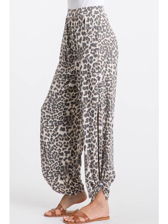 Mocha Leopard Print Lightweight Split Side Ankle Tie Pants P3377 for wholesale on Faire12