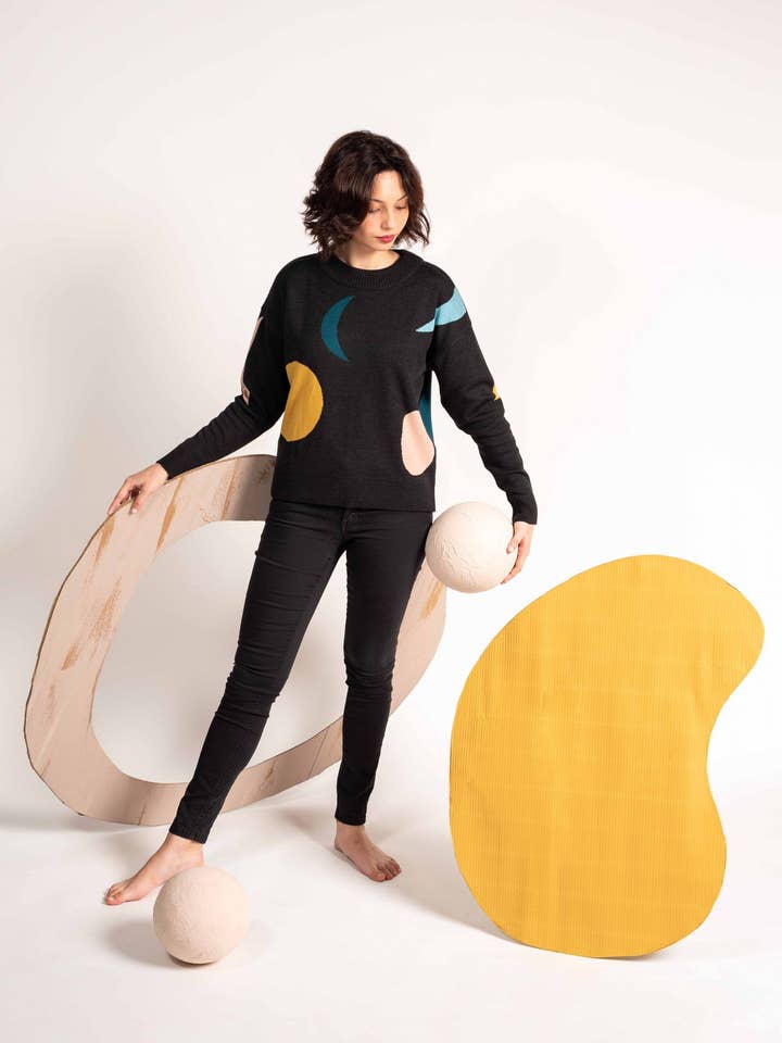 Black merino wool sweater with dots for wholesale by Magical Crisálida